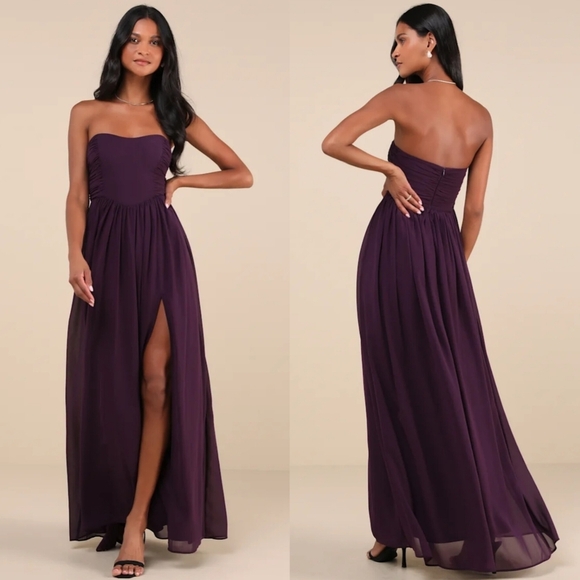Lulus Luxe Favorite Dark Purple Strapless Ruched Maxi Dress L Wedding Party Prom - Picture 1 of 9
